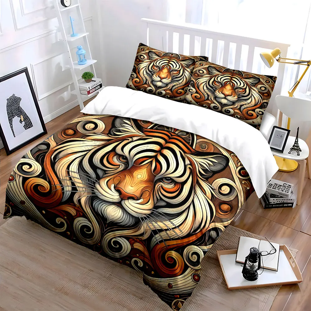 Комплект постельного белья Tiger Art Decor из трех предметов: 1 пододеяльник, 2 наволочки, для односпальных, двуспальных, королевских и очень больших кроватей, подарок (art.: 3920dae984a56) - 3920dae984a56