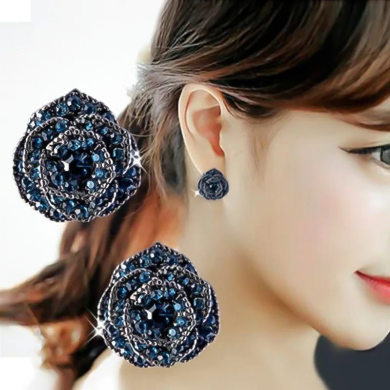 

Vintage Exotic Flower Blue Black Zircon Jewelry Versatile Earrings for Women