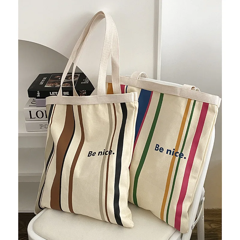 

Women Canvas Striped Tote Shoulder Bags Contrast Color Letter Printed Handbags Large Capacity Cotton Cloth School Travel Bag
