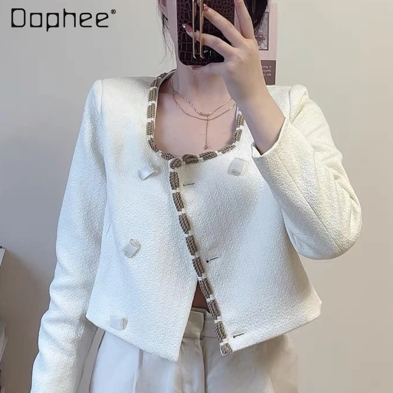 

Striped Woven Square Collar White Short Suit Coat Female 2022 Spring New Socialite Long Sleeve Single-breasted Cropped Jacket