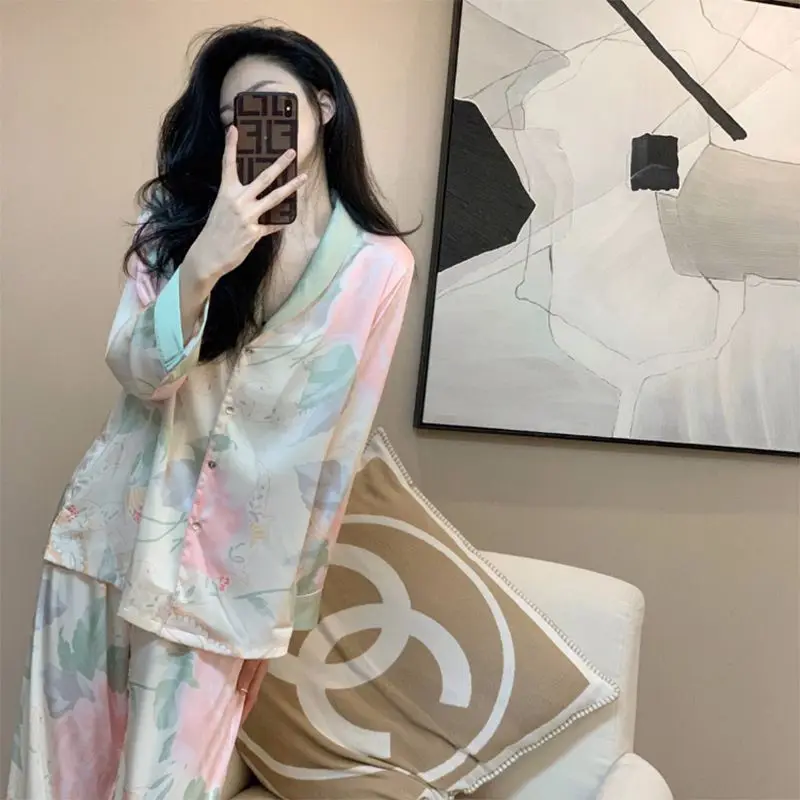 High-grade silk pajamas female the spring and autumn period and the new ice long-sleeved pants silk leisurewear suit