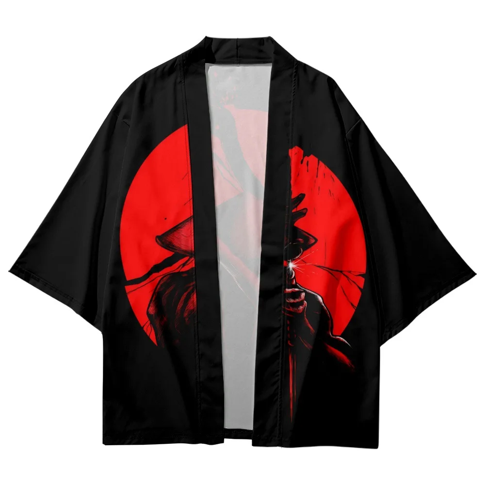

Streetwear Men Cardigan Japanese Style Samurai Swordsman Print Kimono Haori Black Robe Clothes 2023 Shirts Tops