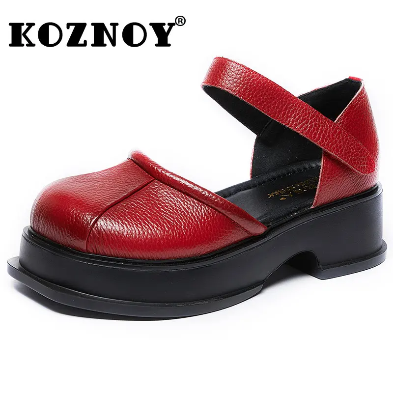

Koznoy Platform Sandals 5cm Natural Cow Genuine Leather Wedges Summer Women Thick Soled Moccasins Hook Round Toe Ladies Shoes
