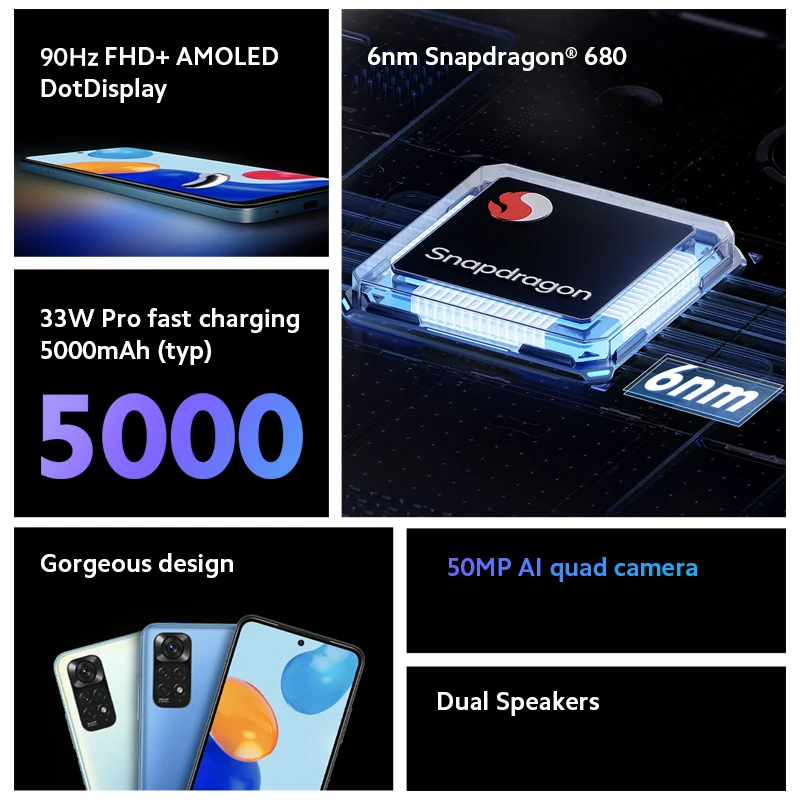 Глобальная версия смартфона Xiaomi Redmi Note 11 64 ГБ/128 ГБ Восьмиядерный Snapdragon 680 33 Вт Pro