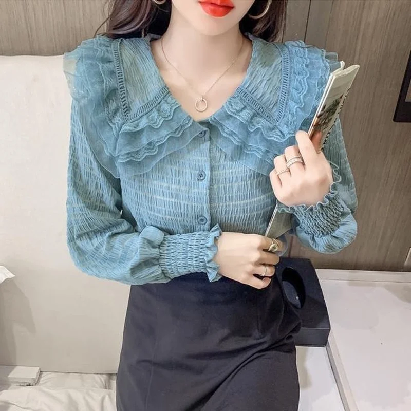 

Women Shirt Autumn Peter Pan Collar Cardigan Lace Blouse Long Sleeve Top for Women's Clothing Women Blusas Ropa De Mujer J215