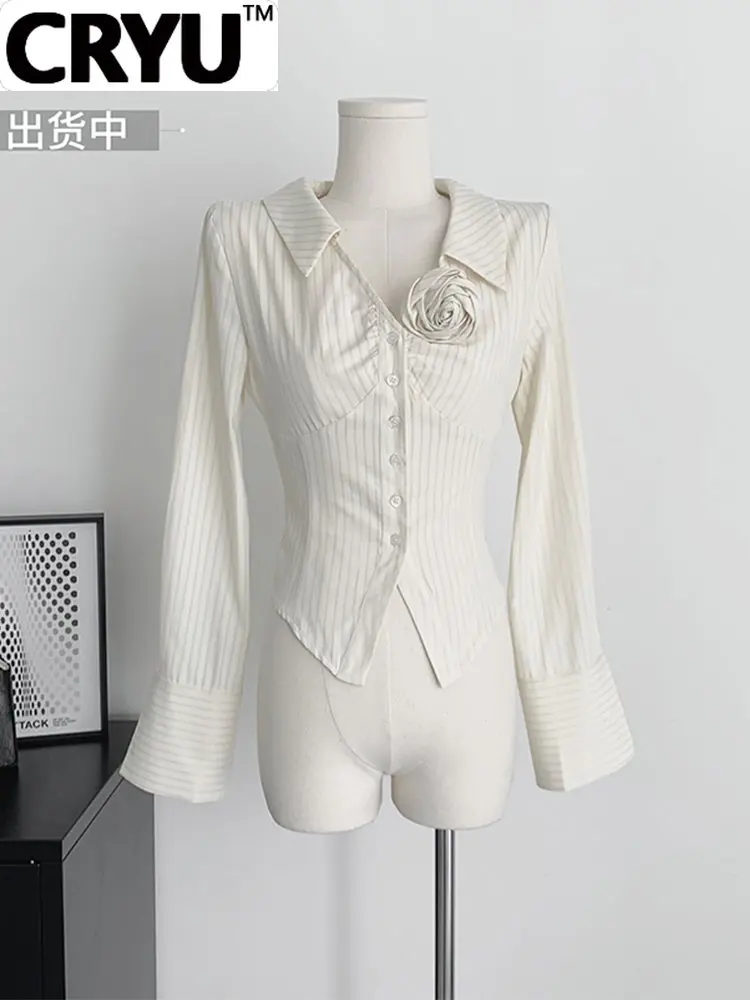 

Women Turn-down Collar Striped Design Shirt Long Sleeve Single Breasted Slim Blouses Female Floral Decoration Clothes Vintage