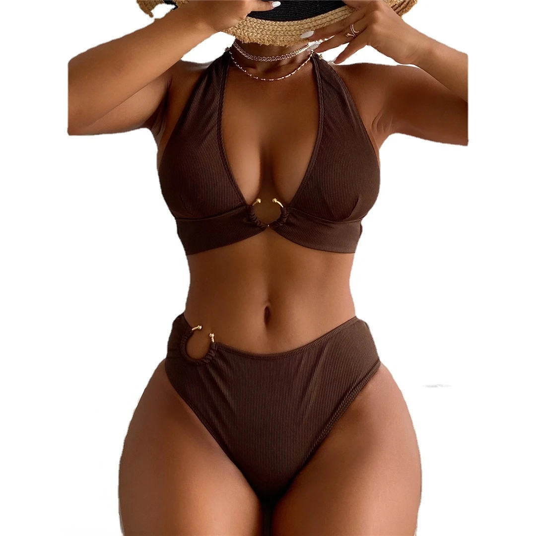 

Brown Ribbed Halter Bikini Set Women Ring Linked Swimwear Female Swimsuit Two-pieces Beach wear Padded Bather Bathing Suit Swim