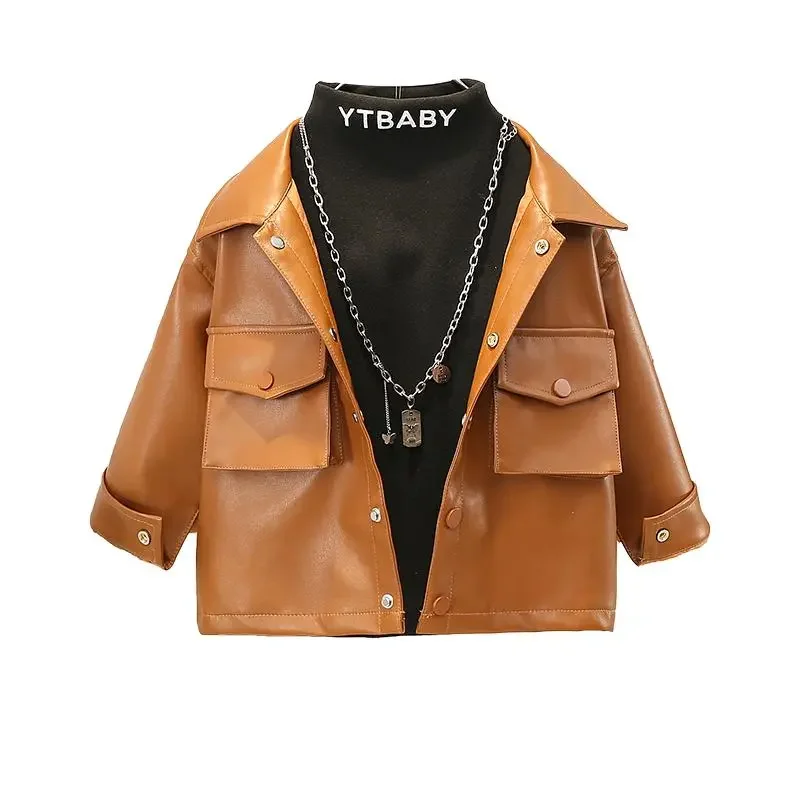 

Fashion Boys khaki black Single-breasted Leather Jacket Spring Autumn 2022 New Baby girl Handsome Leather Jacket kid Spring Top