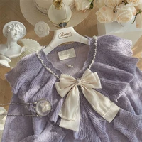 2022 fashionable french new girl taro paste purple bow ruffled pearl collar soft waxy sweater womens pullover loose