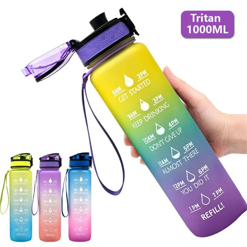 

1 Liter Water Bottle With Time Marker Tritan Sport Gym Warm Bottle Gradient Frosted With Strap Straw Motivation Waterbottle
