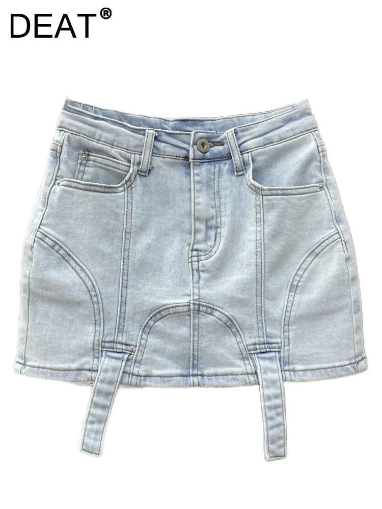 

Женская джинсовая мини-юбка DEAT, однотонная облегающая трапециевидная юбка составного кроя с высокой талией и поясом, модель 17A7421 на лето, 2023