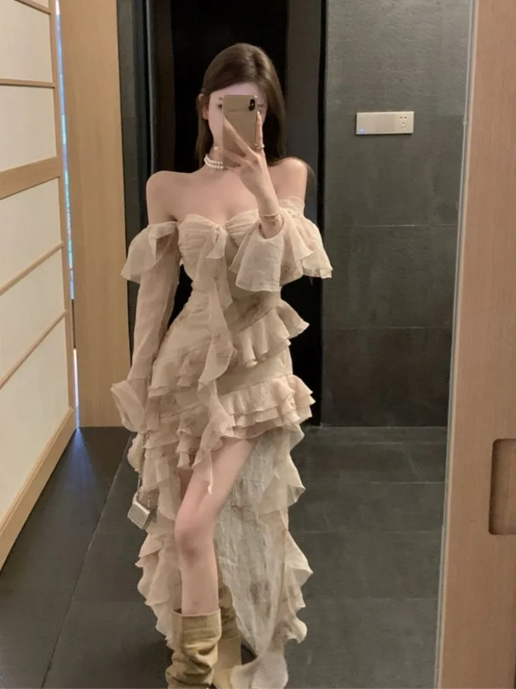 Женское платье с вырезом лодочкой сексуальное романтичное облегающее оборками и