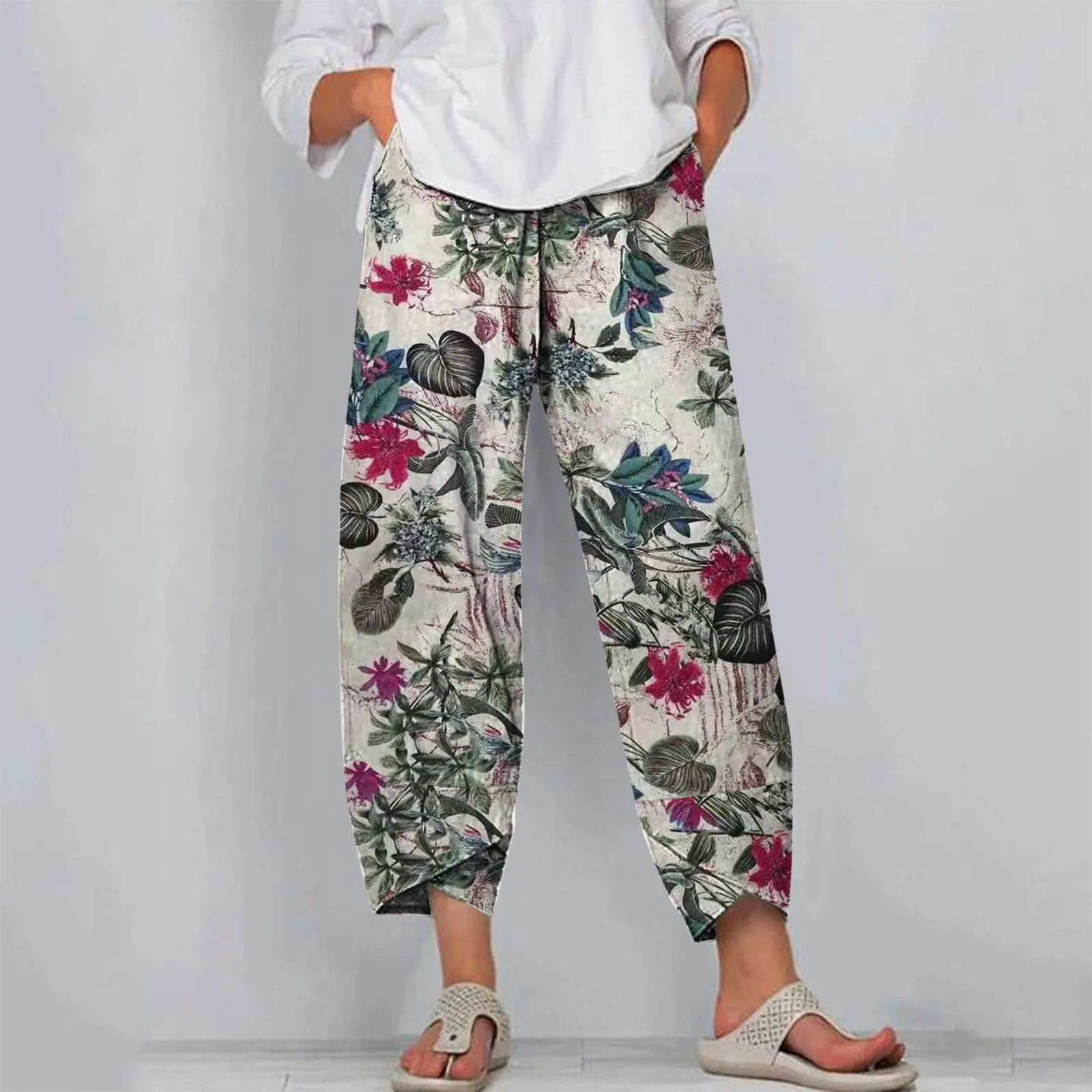 

Брюки-султанки женские из хлопка и льна, винтажные широкие штаны с эластичным поясом, повседневные свободные штаны для йоги в стиле Харадзюку