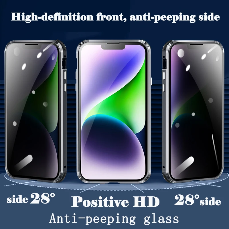 Anti Peep Magnetic Case For iPhone 14Pro 13Pro 12 11 Pro Max Privacy Screen Glass Cover Metal Bumper Camera Lens Protector Case