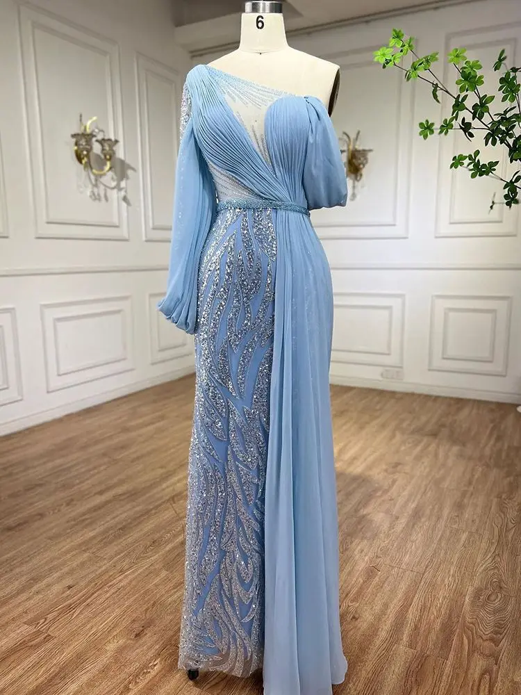 

Blue One Shoulder Long Sleeve Mermaid Long Evening Dress Bu10186