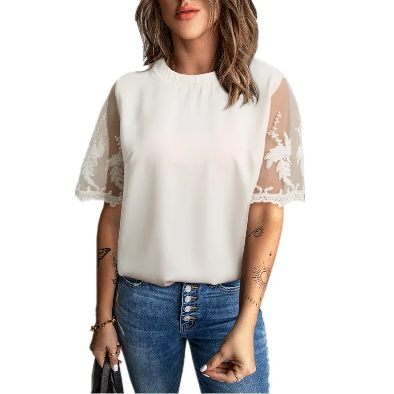 

Casual Chiffon Lace Blouse Femme Shirt Women 2023 Fashion Womens Tops And Blouses Short Sleeve Loose Ladies Clothes Top Shirts