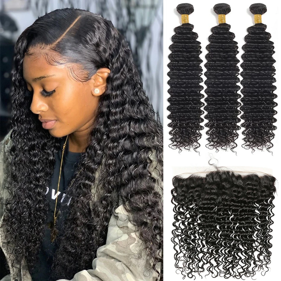 

CRANBERRY Hair Deep Wave Human Hair Bundles With Frontal 4 pcs/lot Malaysian Hair Weave Bundles With Frontal Remy Hair Extension