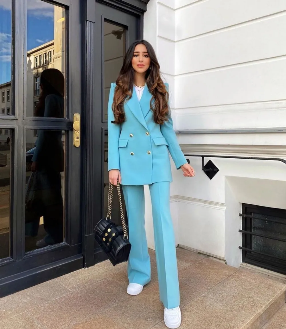 Fashion Blue Women Suits Set Mid Length Double Breasted Pants Blazer Office Ladies Wear Business 2 Pieces Slim Fit Наборы брюки