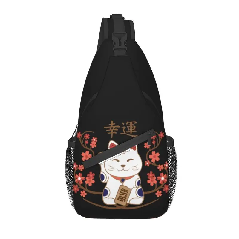 Cool Maneki Neko Cat Flower Crossbody Sling Backpack Men Shoulder Chest Bags for Camping Biking