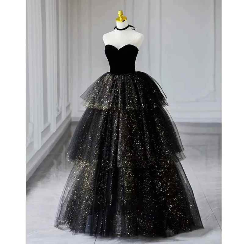

18196#Black Layered Sparkling Tulle High Waist Princess Evening Dress Sleeveless Off Shoulder Formal Occasion Dress for Women