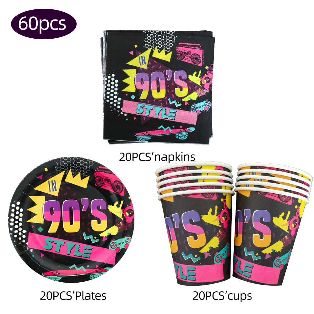 

60pcs Hip Hop 90‘s Party Disposable Tableware Set Party Table Decoration Paper Cups Plates Straws Retro Disco Birthday Party Sup