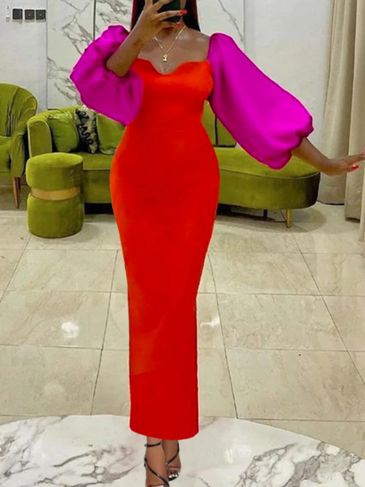 

Birthday Dress Women Long Bodycon Party Big Lantern Sleeves Patchwork Christmas Night Elegant Event African Evening Home Coming