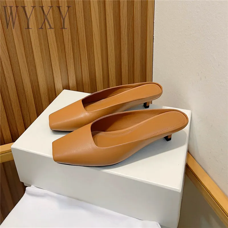 

Тапочки женские на тонком каблуке, натуральная кожа, без застежки, квадратный носок, тапочки, лето