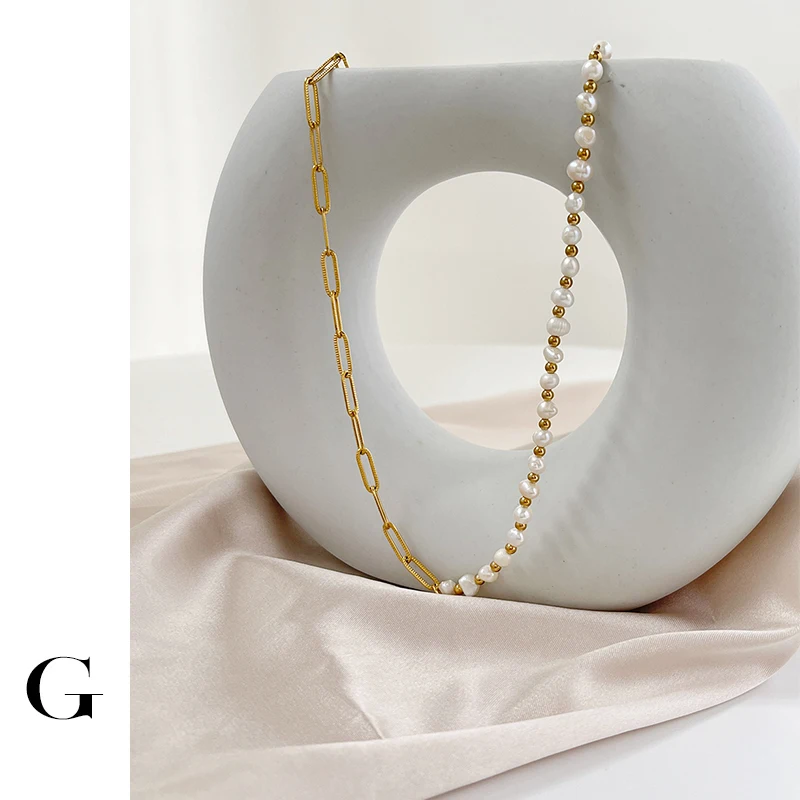 

Ghidbk Mix Paper Clip Chain Beaded Freshwater Pearl Choker Necklce Bracelet Set Women Gold Color Clasp Stainless Steel Jewelry