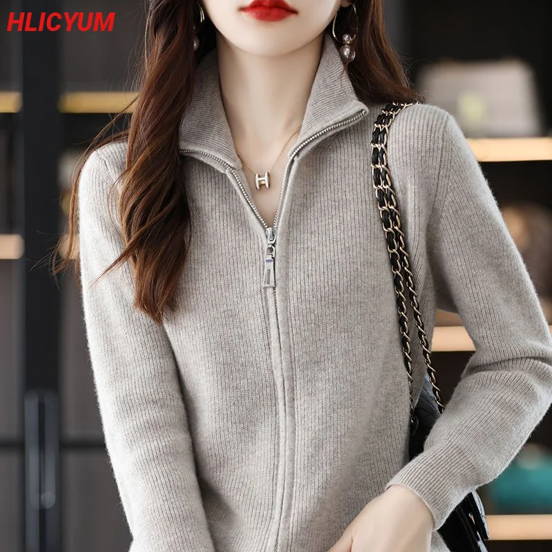 

Cardigan Women Fall/Winter New 100% Pure Wool Sweater Casual Stand Collar Zipper Knitwear Loose Ladies Tops Solid Color Coat
