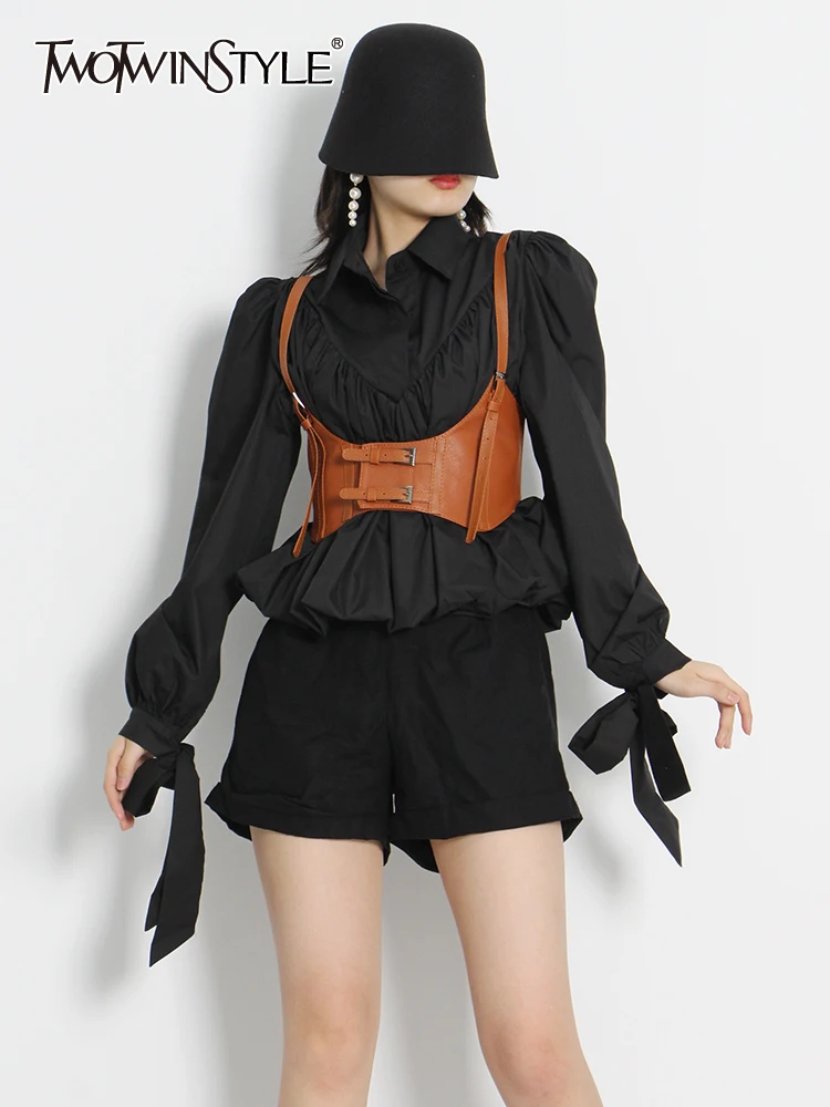 

TWOTWINSTYLE Korean Fashion Black Shirt For Women Bow Collar Long Sleeve Patchwork Sashes Ruched Blouses Female Clothing Style