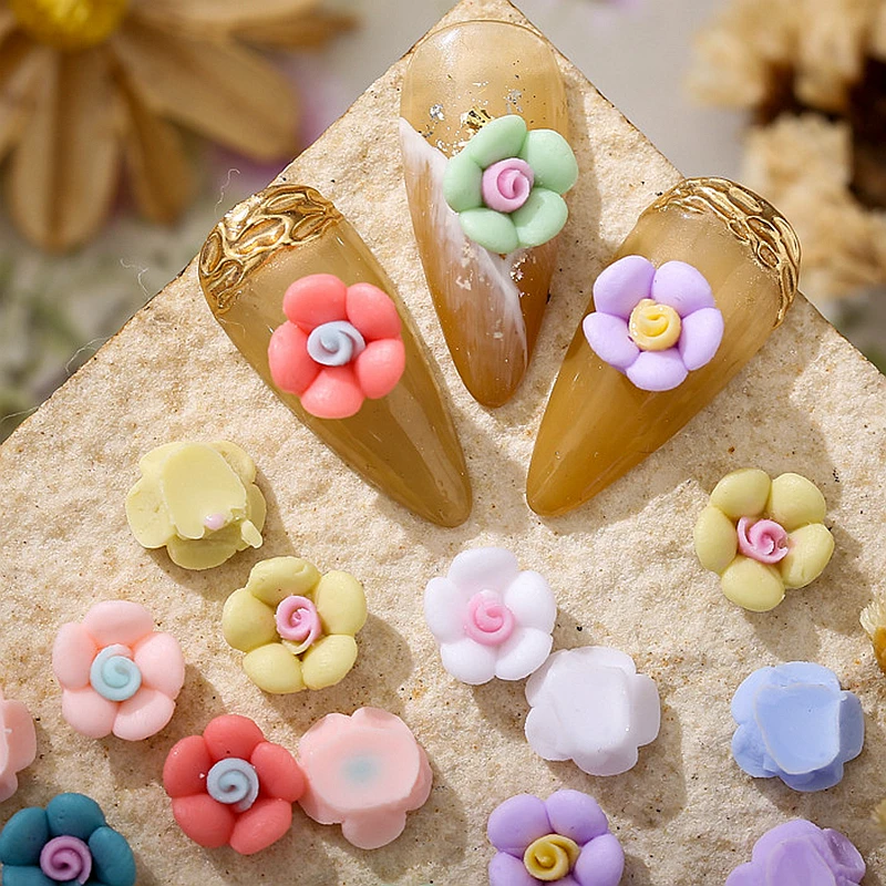 

50PCS 9.5MM 3D Acrylic Flower Nail Art Decoration Charms Matt Imitation Ceramic Five Petal Flower Design Kawaii Nail Accessories