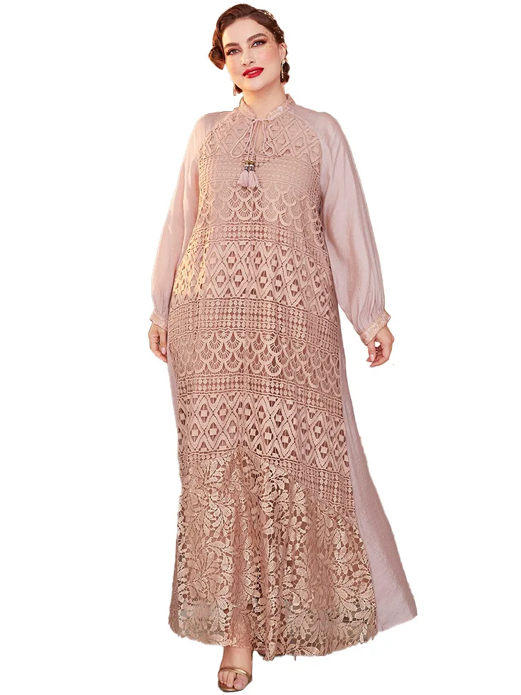 Large Size Muslim Long-sleeved Dress Stand Collar High Waist Hollow Out Temperament Elegant Tassel Style Commuting Spring Autumn