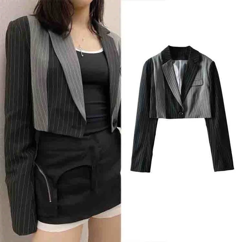 

Korean Fashion Chic Short Blazer Striped Suit Women New Contrast Colors Single Button Sweet Blazer Office Casual Suit Short Tops