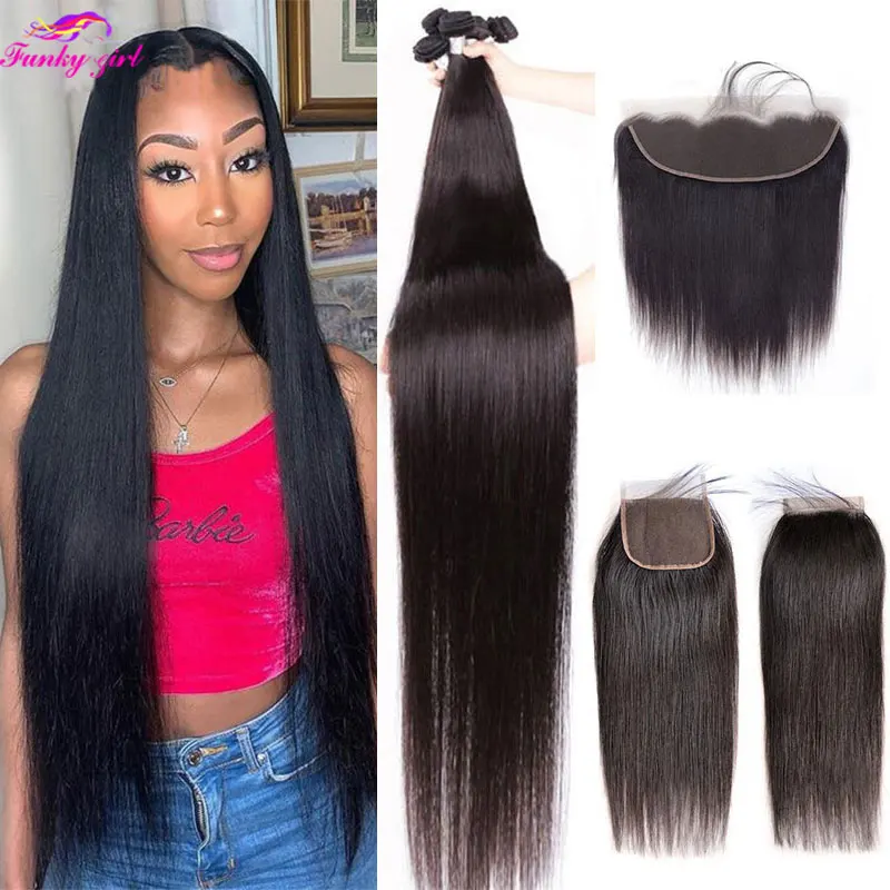 Straight Bundles With Lace Frontal 100% Human Virgin Hair Brazilian Bone Straight Bundles With Ear To Ear Lace Fronta Closure