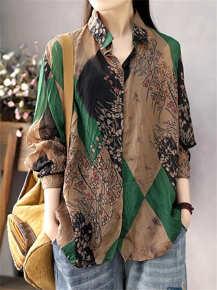 

Patchwork Print Turn-down Collar Vintage Long Sleeve Thin Spring Autumn Women's Clothing Straight Loose Oversize Casual Shirts