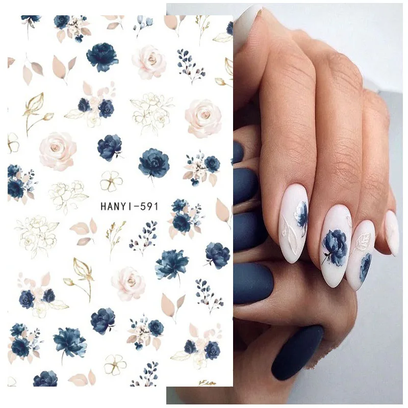 3D Back Glue Nail Stickers Watercolor Blue White Nail Manicur Spring Floral Adhesive Transfer Decals Slider Nail Art Decoration