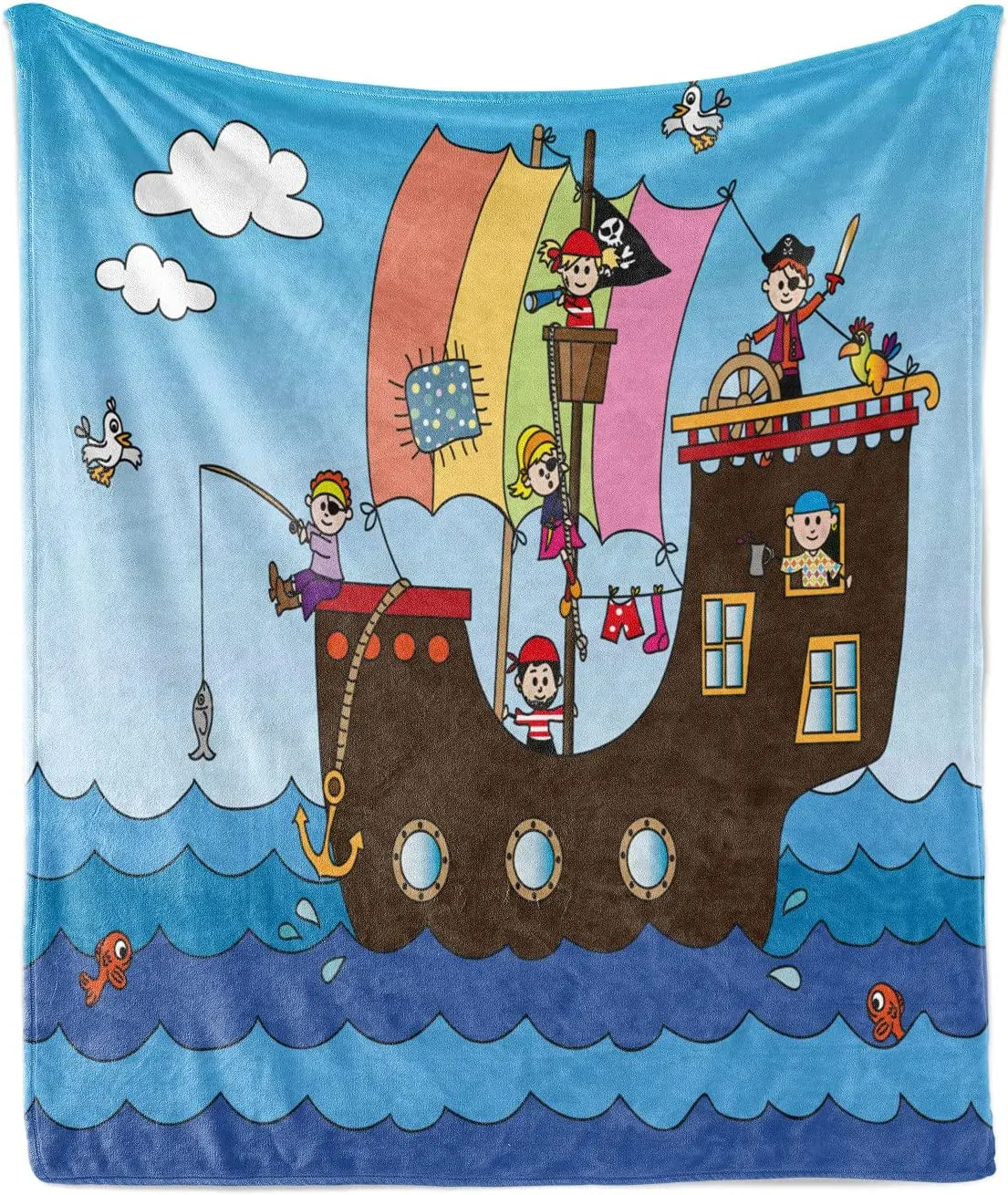 

Pirate Ship with Funny Adventure Ocean Journey Waves Birds Clouds, Flannel Accent Piece Soft Couch Cover for Adults