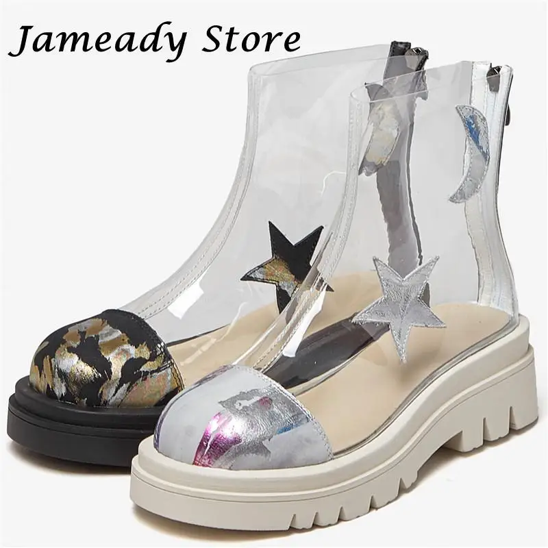 

Женские ботильоны на платформе с принтом луны и звезд, прозрачные ботильоны на молнии с круглым носком, новая модная обувь, весна-лето