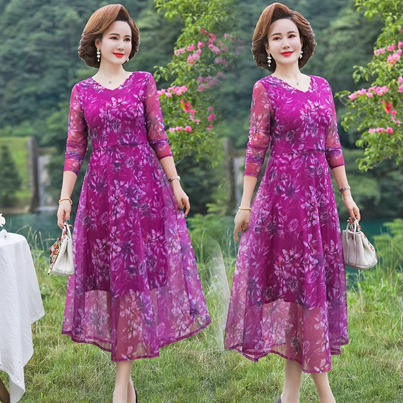 

Middle aged Mom Dress Noble Temperament Long Sleeve Long Dress 2023 New Spring and Autumn Women's Mesh Fragmented Flower Dress