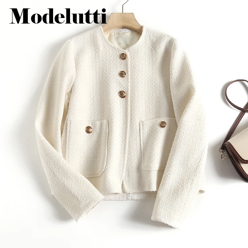 

Modelutti 2023 Autumn New Fashion Long Sleeve Tweed Gold Buttons Short Coat Solid Women Slim Simple Casual Tops Female Chic