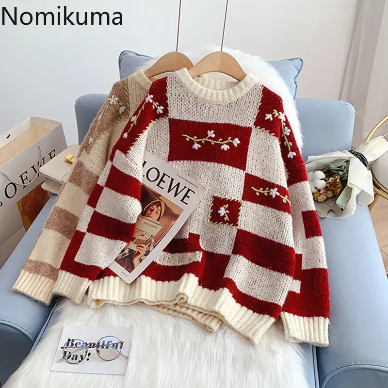 

Nomikuma Pull Femme Hiver 2022 Contrast Color Plaid Loose Knitted Chic Sweater Women Elegant Fashion Casual Christmas Sweater