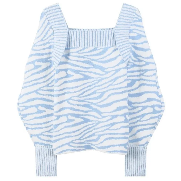 Korejepo сине-белые полоски контрастных цветов квадратный воротник ленивый свитер