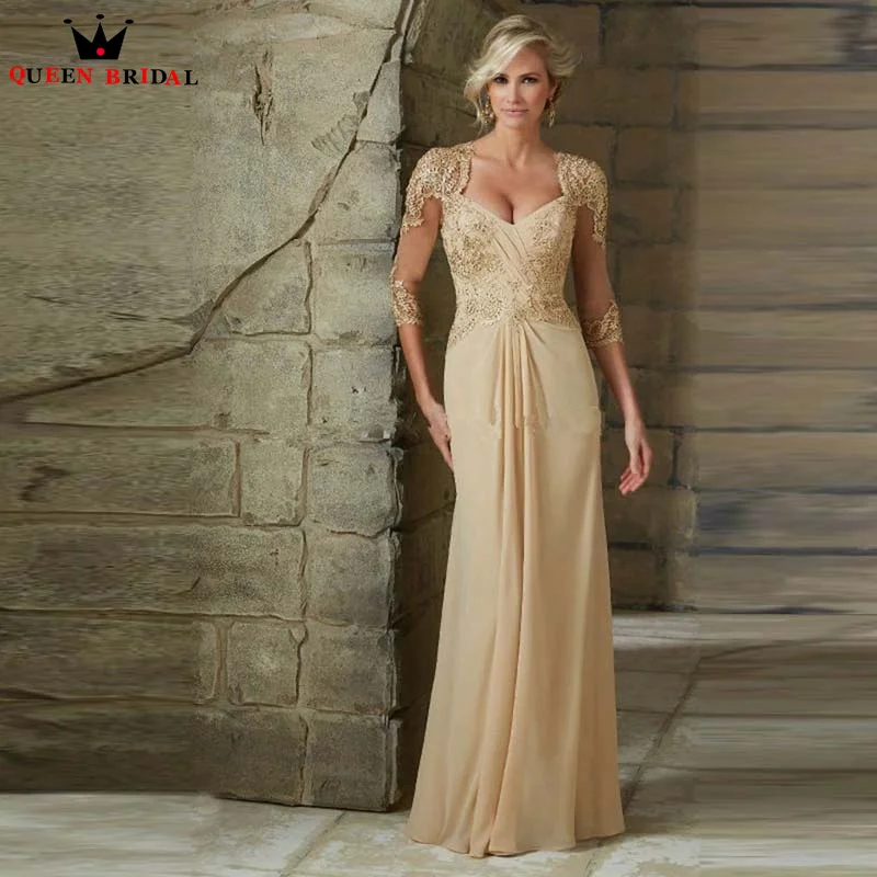 

Champagne Chiffon Mother of the Bride Dresses Modern Backless V-Neck 3/4 Sleeves vestidos de madre de la novia 2023 Custom DT40