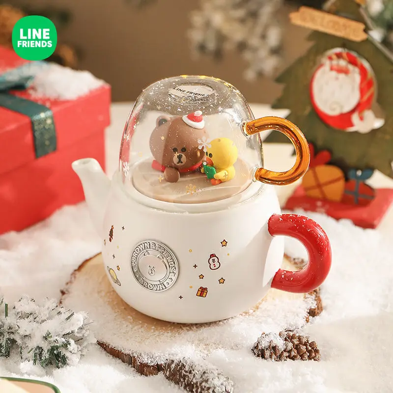 

Кавайный коричневый керамический чайник Line Friends, набор чайников, милая мультяшная большая емкость, Рождественская чашка для воды, креативны...