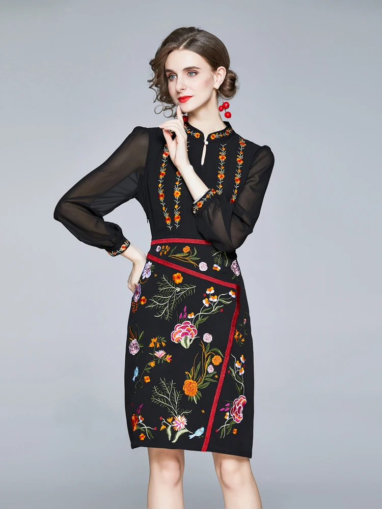 

2022 Autumn Women's Dress Mid Waist Stand Collar Long Sleeve Fashion Comfort Embroidered Black Elegant Dress B149