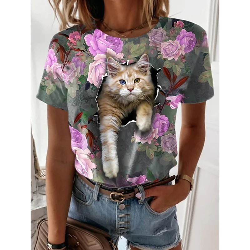 

Футболка женская летняя с коротким рукавом и 3D-принтом кошки