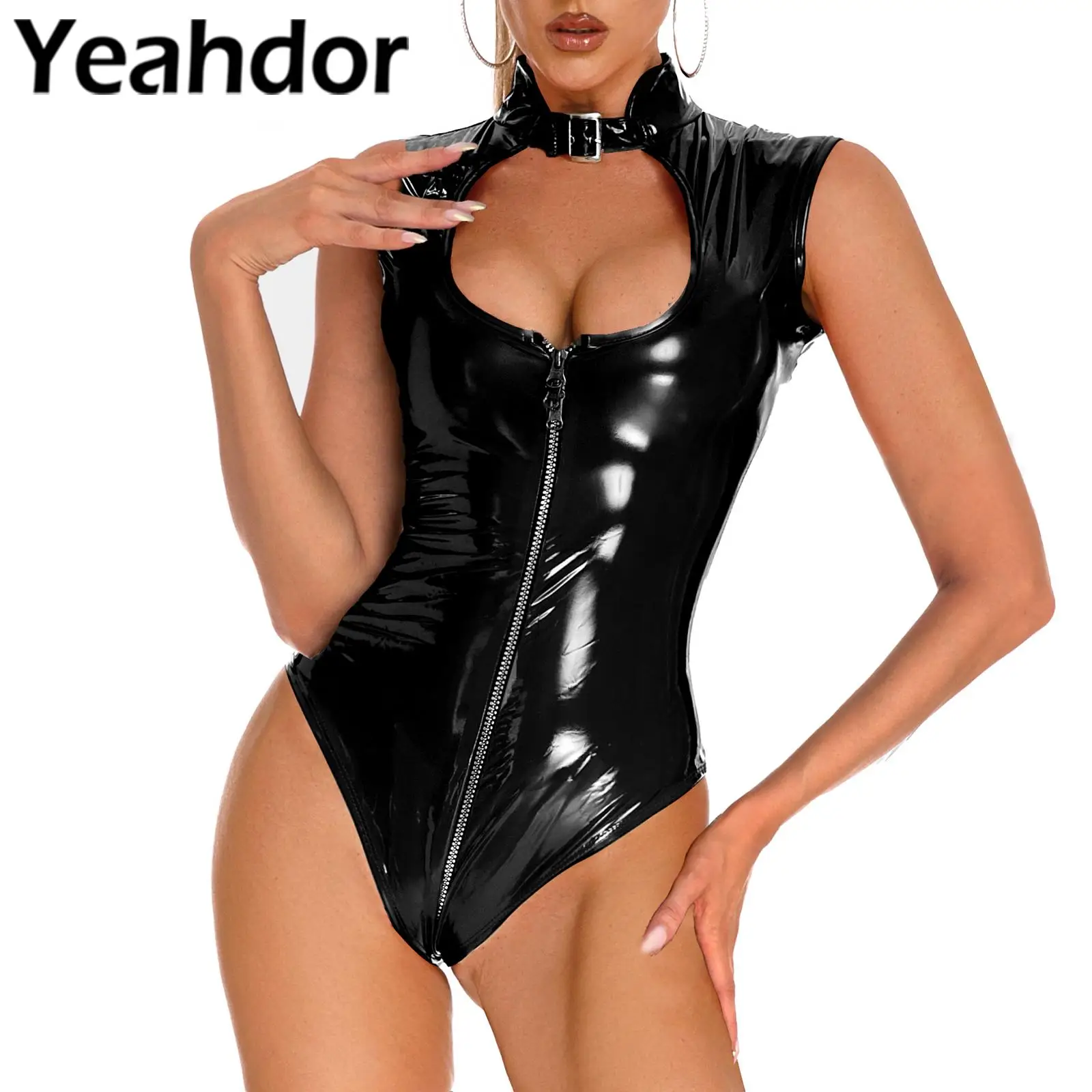 

Женское боди без рукавов, блестящее боди из лакированной кожи