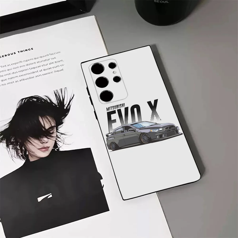 Cool Black EVO X Refit Car Phone Case For Samsung S24 23 22 30 21 10 9 Ultra Plus Lite FE 5G Soft
