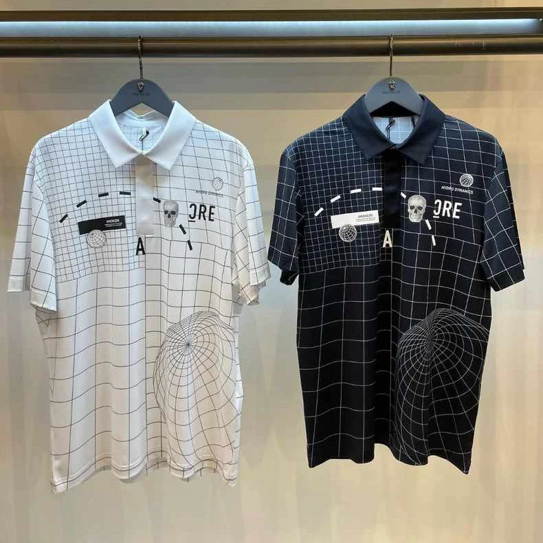 

Summer Korean Golf Wear New Men Check Fashion Short Sleeve Golf Polo Shirt Quick Dried Polo Sports T-shirt