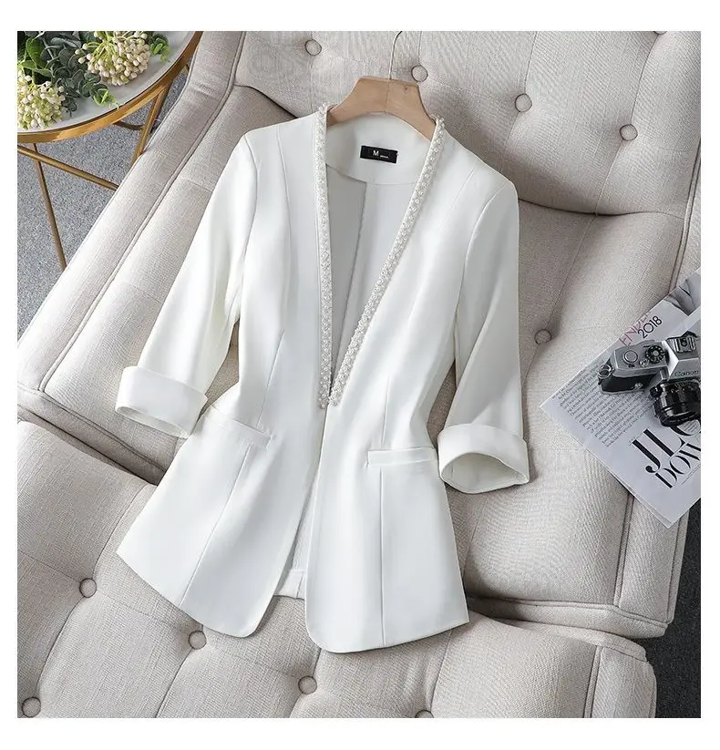 V neck Thin Suit Women's 2023 Spring and Summer New Korean Fashion Professional Wear Half Sleeve Casual Jacket Office Blazer